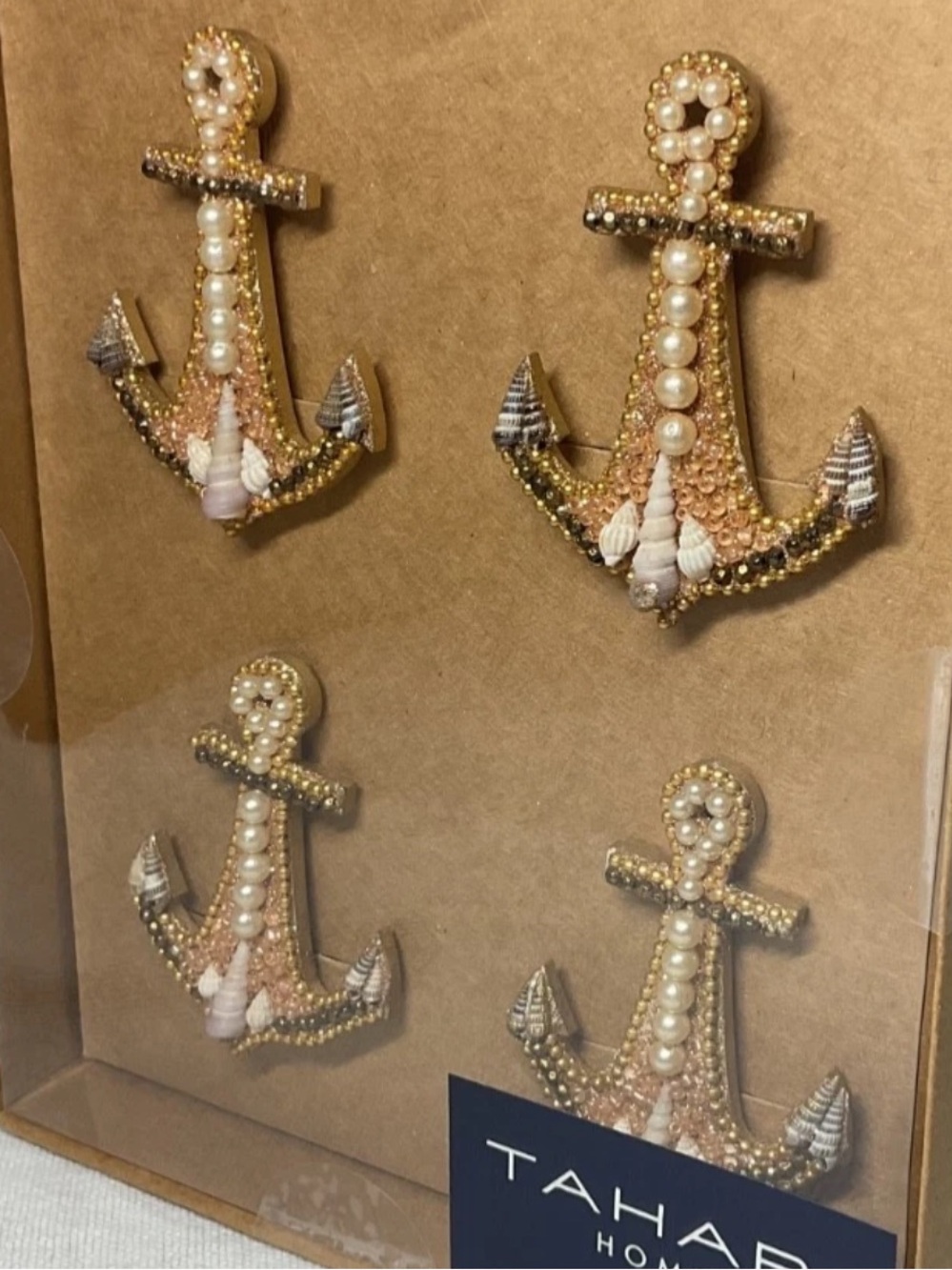 NIB TAHARI Home Set Of 4 Anchor Beaded Pearl Shell Coastal Nautical Napkin Rings